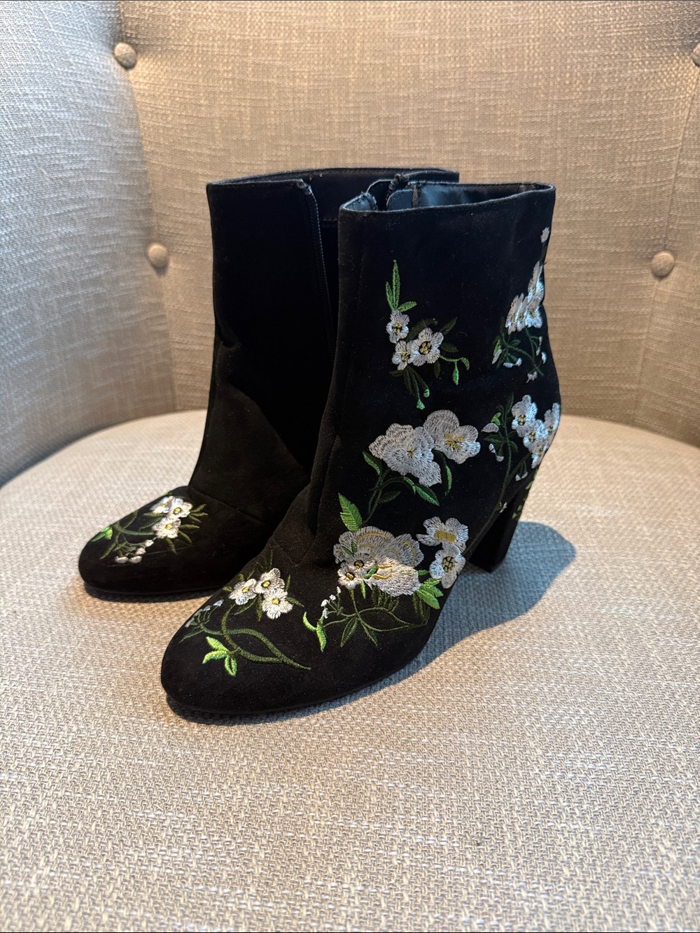Black Floral Embroidered Suede Ankle Boots